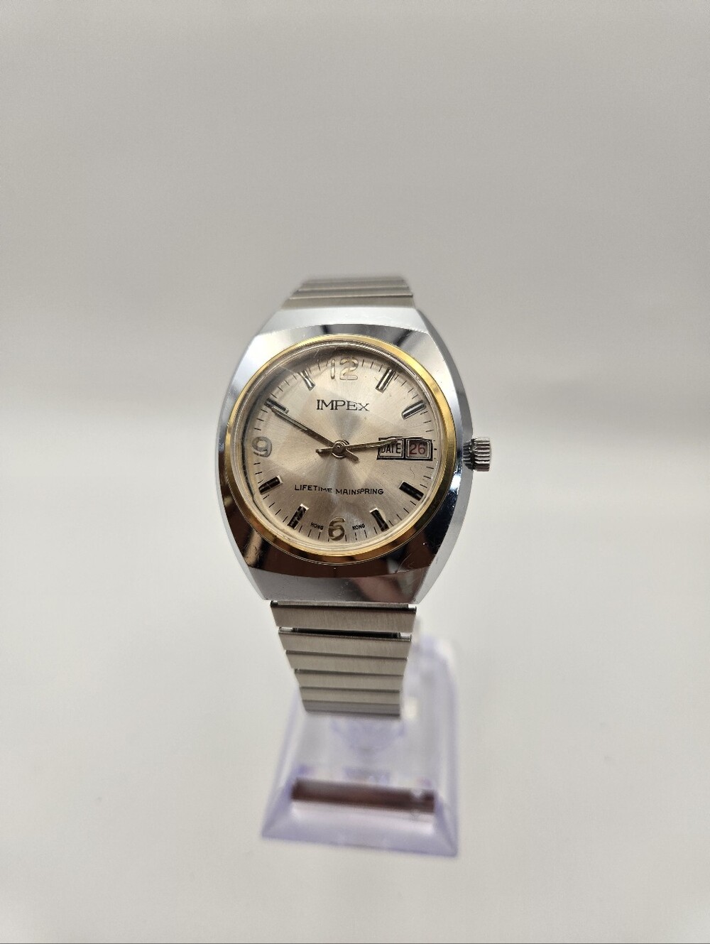 Impex Mens Mechanical Watch, Lifetime Mainspring, Date, Stretch Bracelet Band.